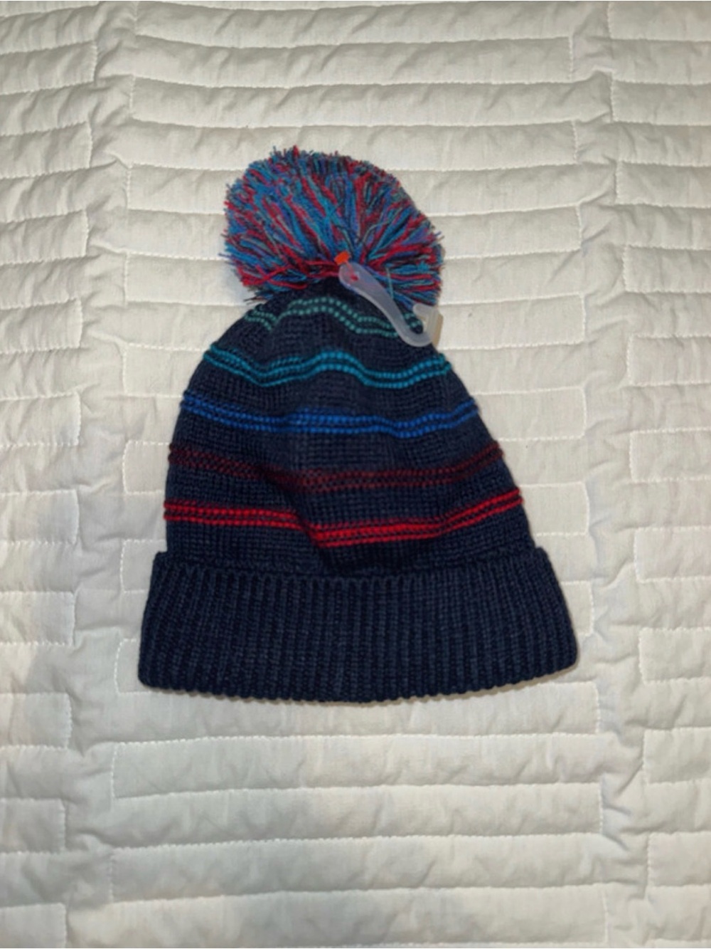 Kids Navy Striped Pom Pom Beanie - Cozy Winter Hat